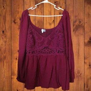 Perfectly Priscilla Women's 3X Burgundy Lace Crochet Smocked Peplum Boho Blouse